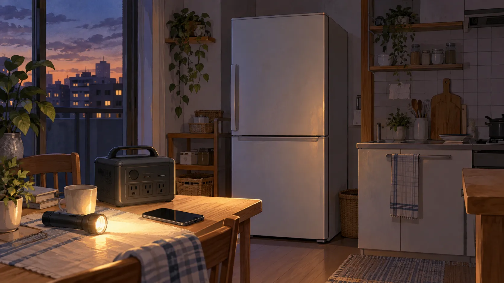 停電に備えるマンションの台所。冷蔵庫のそばに懐中電灯とスマートフォン、ポータブル電源