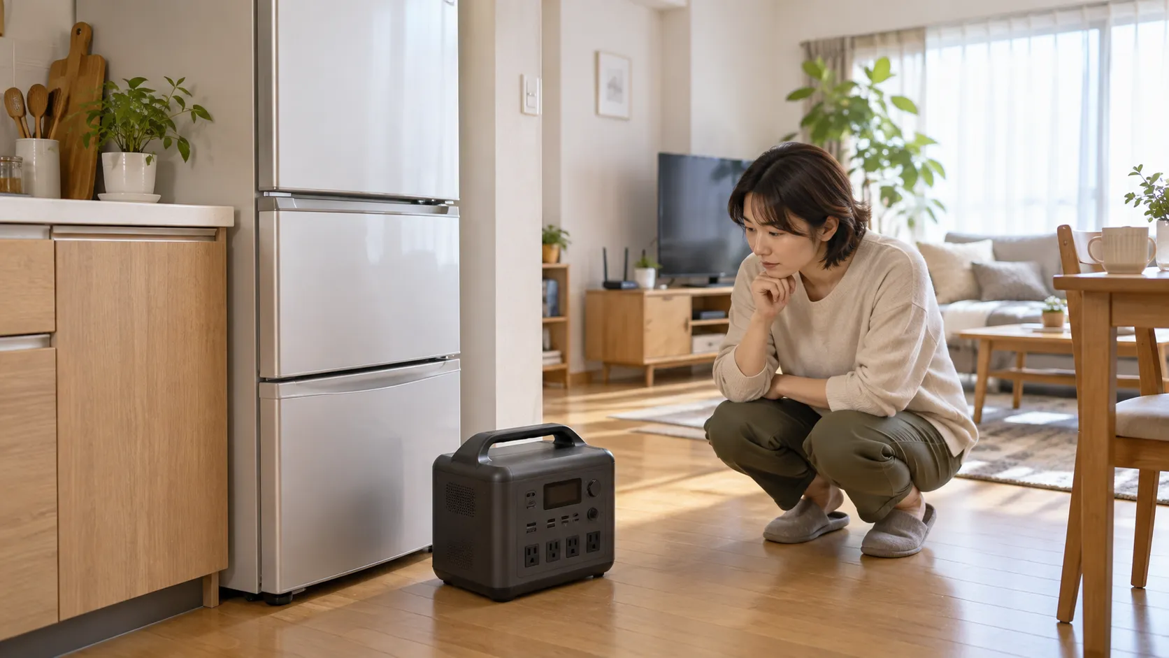 冷蔵庫の前に置かれたポータブル電源と、しゃがんで見ている女性