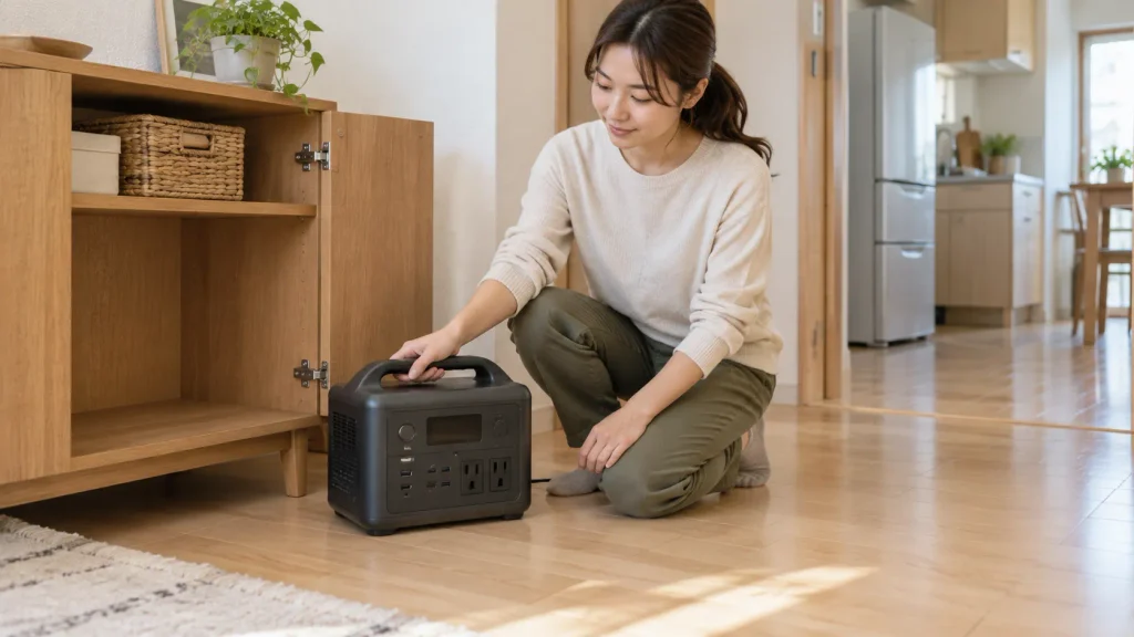 開いた低い収納棚と、その前のポータブル電源を見ている女性