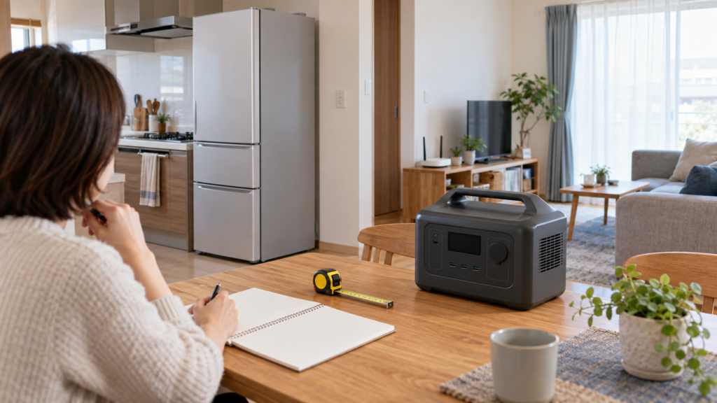 冷蔵庫のある部屋で、無地のポータブル電源を前にノートへメモを取る人