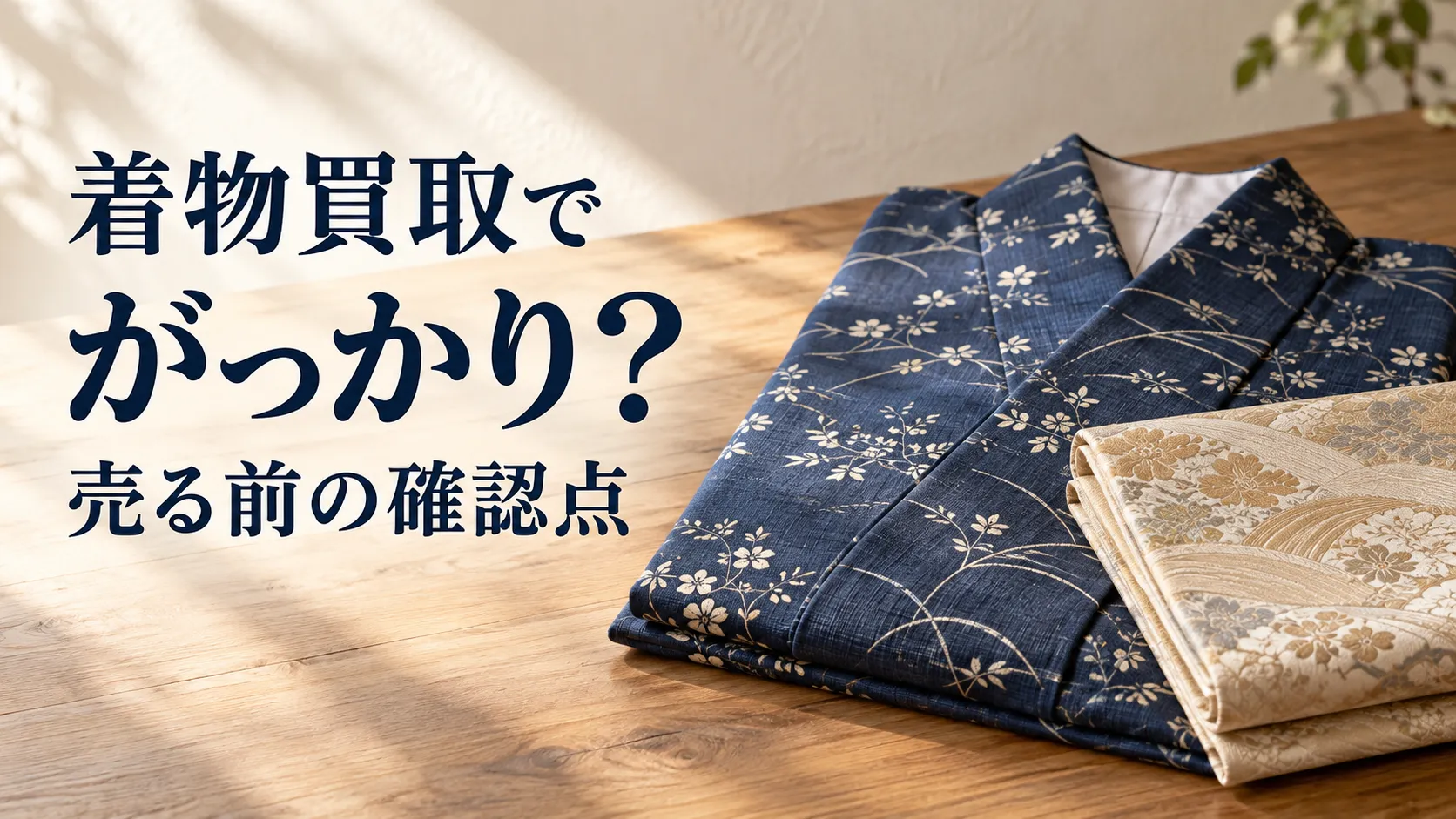木の台に畳んだ藍色の着物と生成りの帯を置き「着物買取でがっかり? 売る前の確認点」と文字を重ねたイメージ画像
