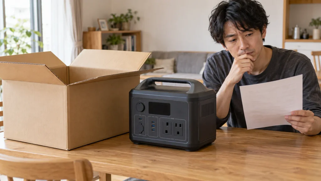 テーブル上のポータブル電源と開いた段ボール箱、書類を読む男性