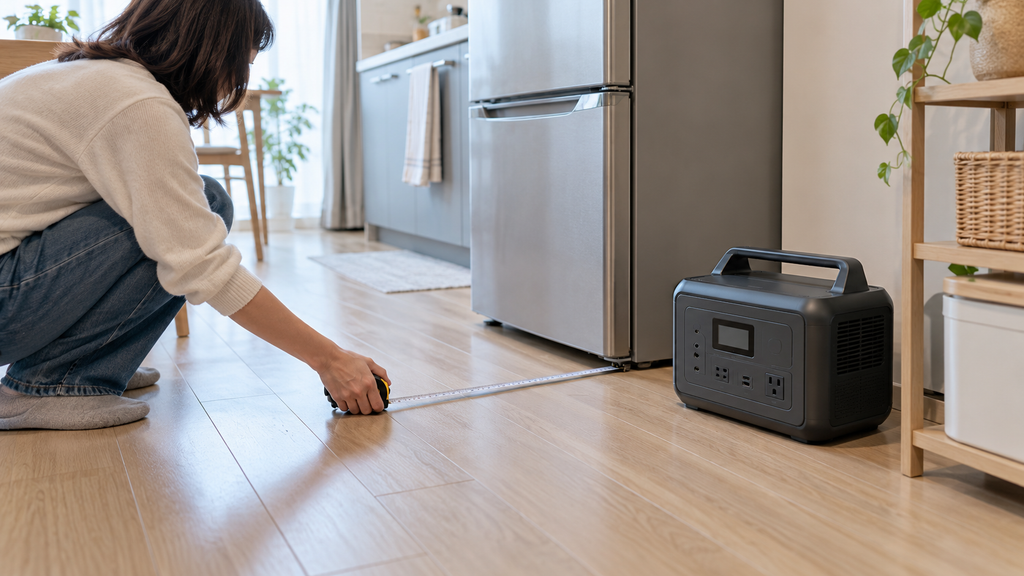冷蔵庫のそばの床をメジャーで測る人と、右側に置かれた無地のポータブル電源